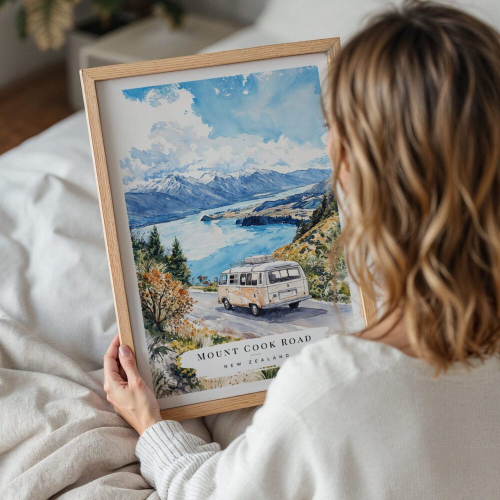 05 - Woman Holding Framed Mount Cook Road NZ Watercolor Wall Art - Portrait.jpg 05 - Woman Holding Framed Mount Cook Road NZ Watercolor Wall Art - Portrait.jpg