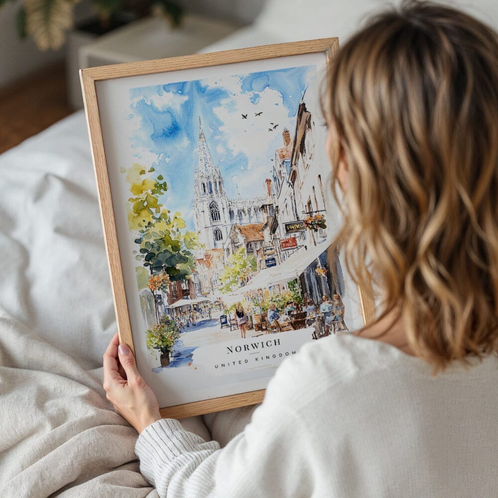 05 - Woman Holding Framed Norwich England Watercolor Wall Art - Portrait.jpg 05 - Woman Holding Framed Norwich England Watercolor Wall Art - Portrait.jpg