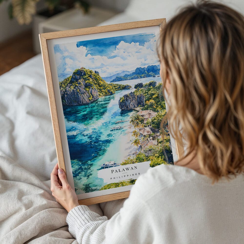 05 - Woman Holding Framed Palawan Philippines Watercolor Wall Art - Portrait.jpg 05 - Woman Holding Framed Palawan Philippines Watercolor Wall Art - Portrait.jpg