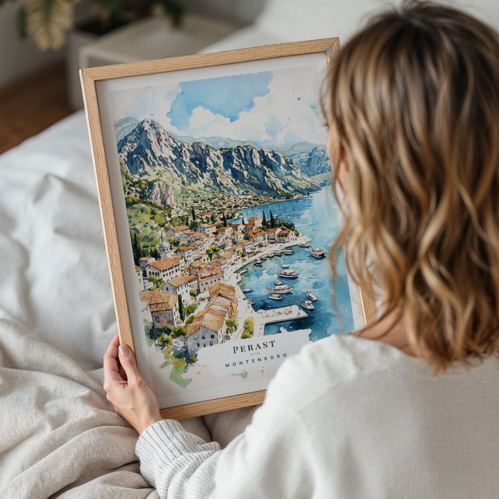 05 - Woman Holding Framed Perast Montenegro Watercolor Wall Art - Portrait.jpg 05 - Woman Holding Framed Perast Montenegro Watercolor Wall Art - Portrait.jpg