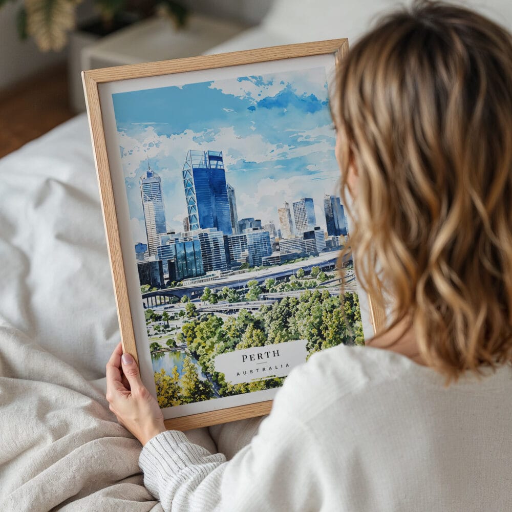 05 - Woman Holding Framed Perth Australia Watercolor Wall Art - Portrait.jpg 05 - Woman Holding Framed Perth Australia Watercolor Wall Art - Portrait.jpg