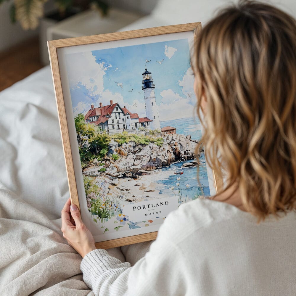05 - Woman Holding Framed Portland Maine Watercolor Wall Art - Portrait.jpg 05 - Woman Holding Framed Portland Maine Watercolor Wall Art - Portrait.jpg