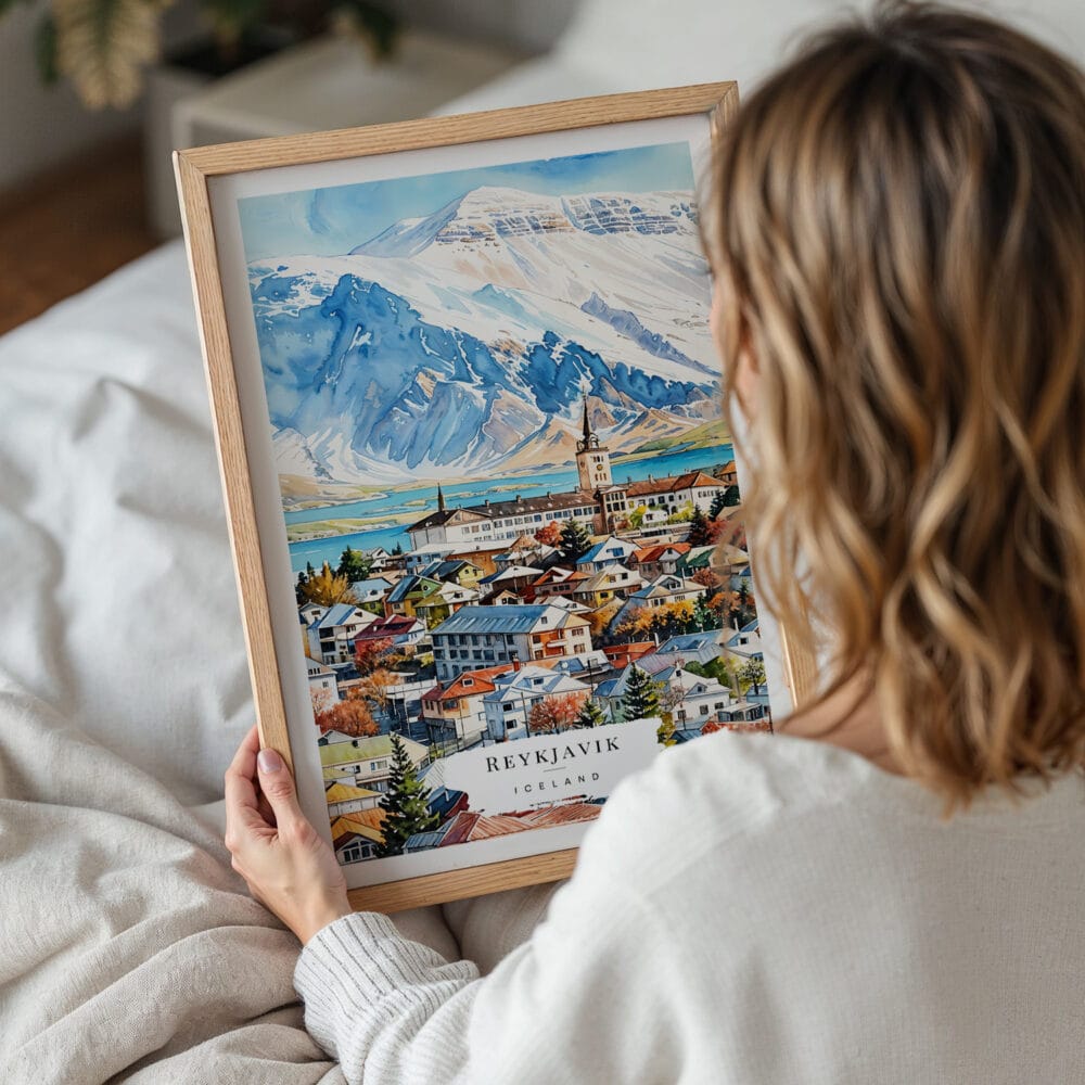 05 - Woman Holding Framed Reykjavik Watercolor Wall Art - Portrait.jpg 05 - Woman Holding Framed Reykjavik Watercolor Wall Art - Portrait.jpg