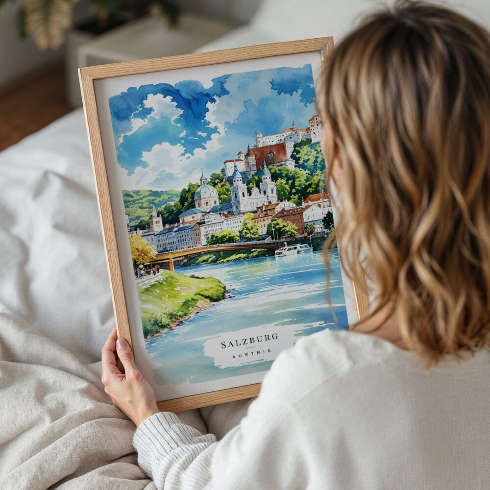 05 - Woman Holding Framed Salzburg Austria Watercolor Wall Art - Portrait.jpg 05 - Woman Holding Framed Salzburg Austria Watercolor Wall Art - Portrait.jpg