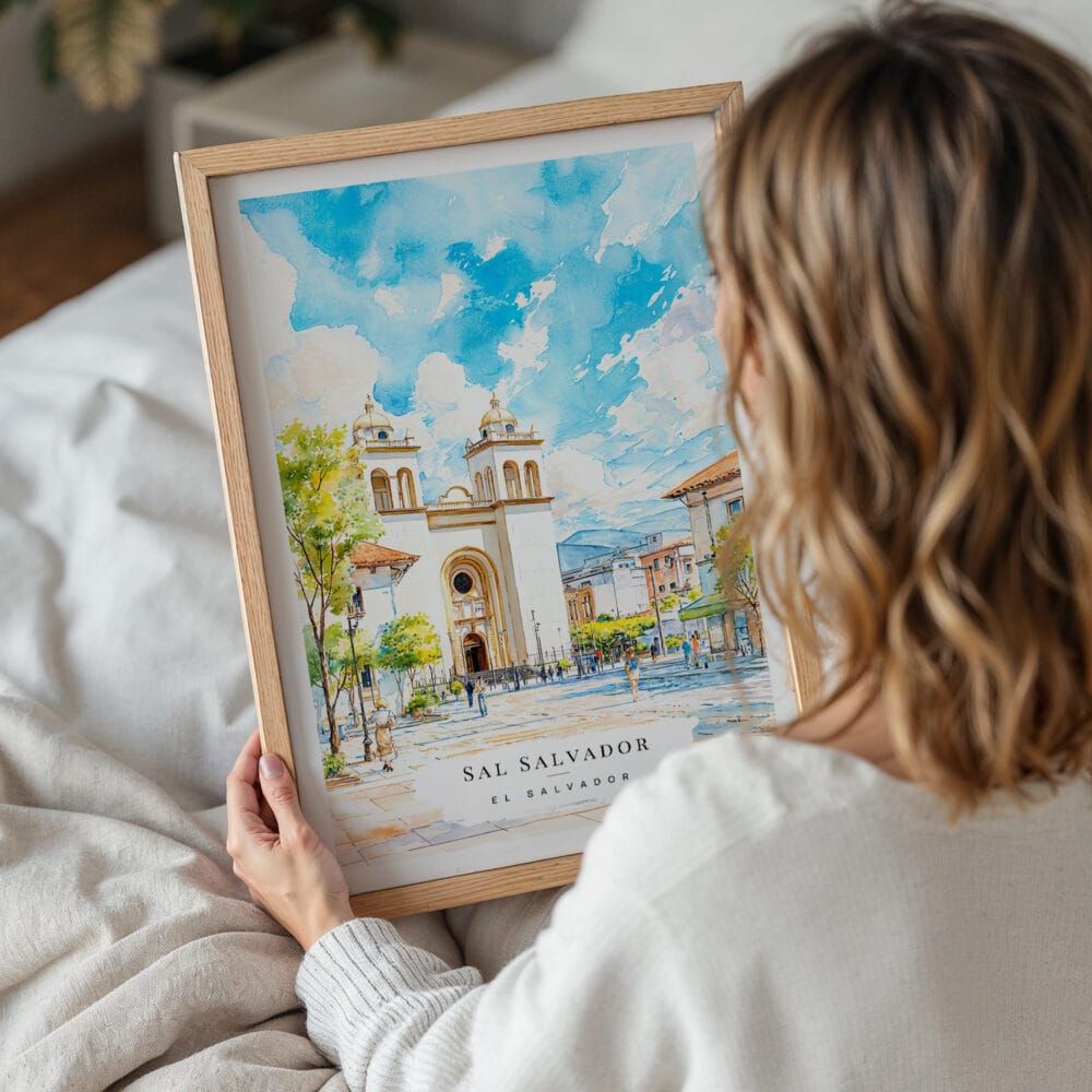 05 - Woman Holding Framed San Salvador Watercolor Wall Art - Portrait.jpg 05 - Woman Holding Framed San Salvador Watercolor Wall Art - Portrait.jpg