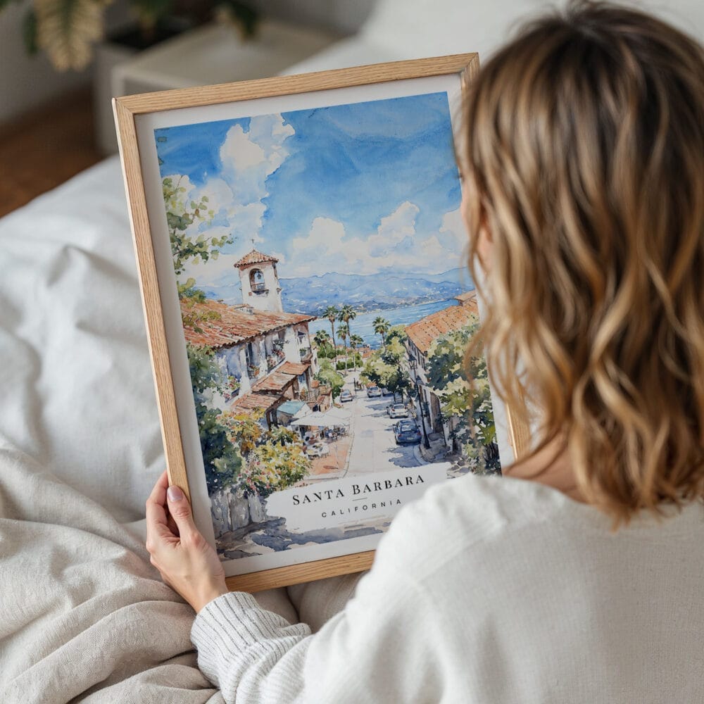 05 - Woman Holding Framed Santa Barbara California Watercolor Wall Art - Portrait.jpg 05 - Woman Holding Framed Santa Barbara California Watercolor Wall Art - Portrait.jpg