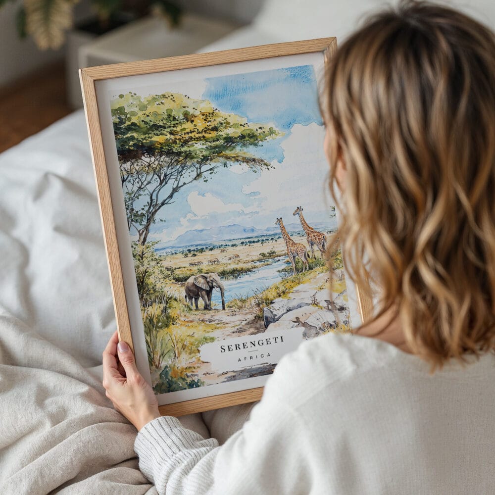 05 - Woman Holding Framed Serengeti Africa Watercolor Wall Art - Portrait.jpg 05 - Woman Holding Framed Serengeti Africa Watercolor Wall Art - Portrait.jpg