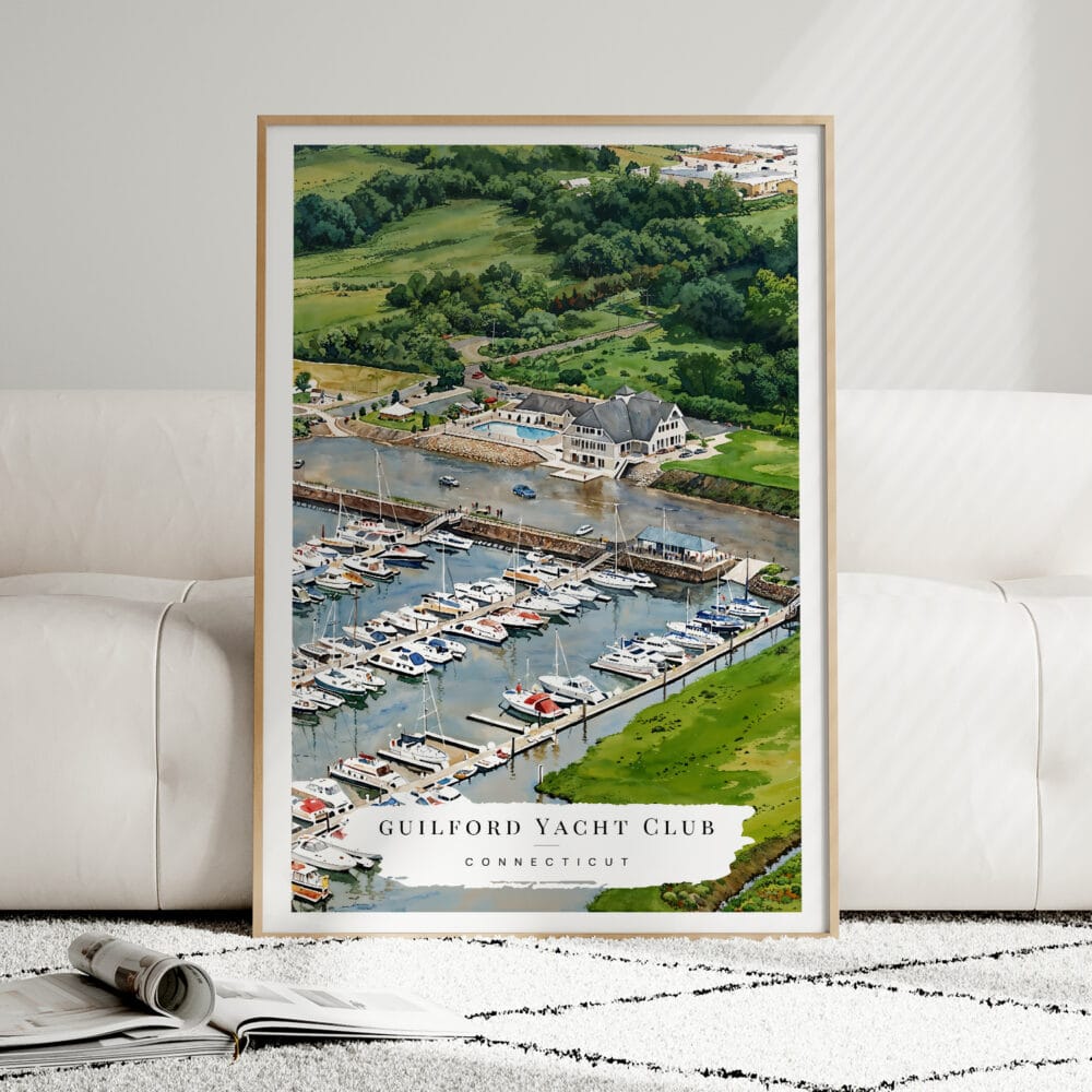 01 - Framed Guilford Connecticut Yacht Club Watercolor Wall Art leaning against couch - Portrait.jpg 01 - Framed Guilford Connecticut Yacht Club Watercolor Wall Art leaning against couch - Portrait.jpg