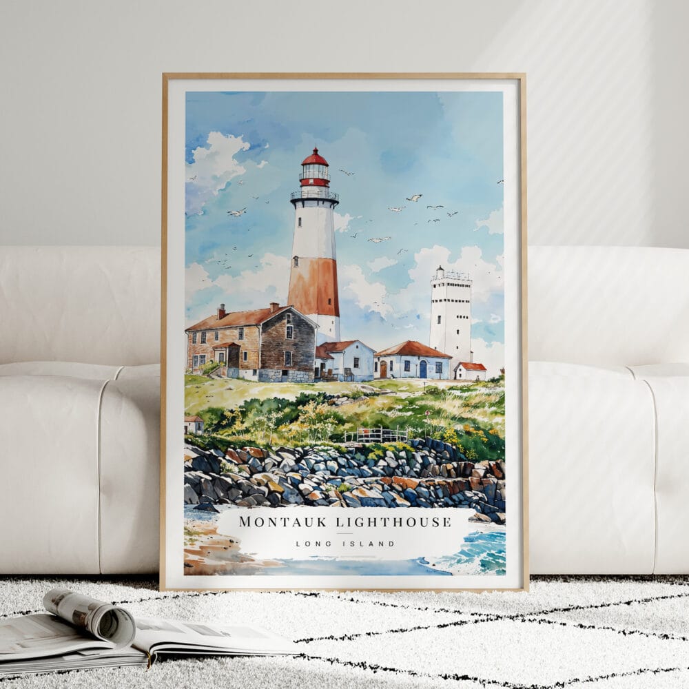 01 - Framed Montauk lighthouse Watercolor Wall Art leaning against couch - Portrait.jpg 01 - Framed Montauk lighthouse Watercolor Wall Art leaning against couch - Portrait.jpg