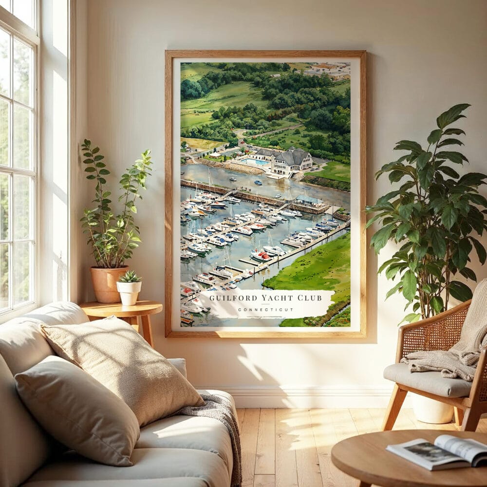 04 - Guilford Connecticut Yacht Club Watercolor Wall Art in Boho Living Room.jpg 04 - Guilford Connecticut Yacht Club Watercolor Wall Art in Boho Living Room.jpg