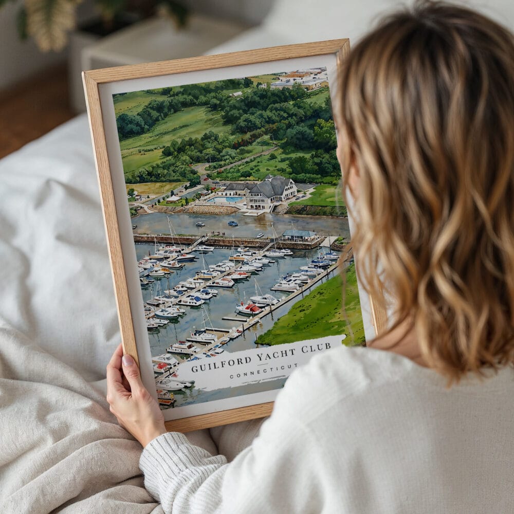 05 - Woman Holding Framed Guilford Connecticut Yacht Club Watercolor Wall Art - Portrait.jpg 05 - Woman Holding Framed Guilford Connecticut Yacht Club Watercolor Wall Art - Portrait.jpg