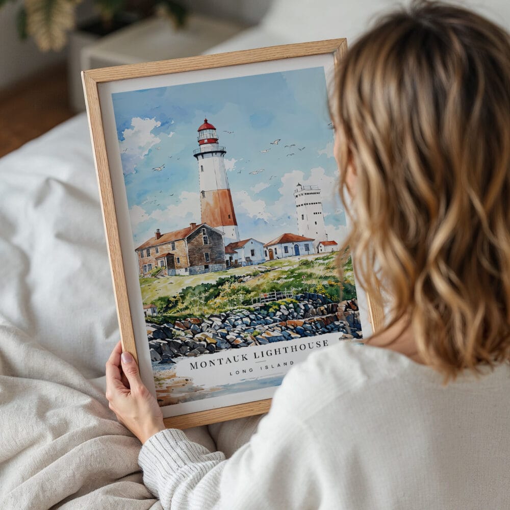 05 - Woman Holding Framed Montauk lighthouse Watercolor Wall Art - Portrait.jpg 05 - Woman Holding Framed Montauk lighthouse Watercolor Wall Art - Portrait.jpg