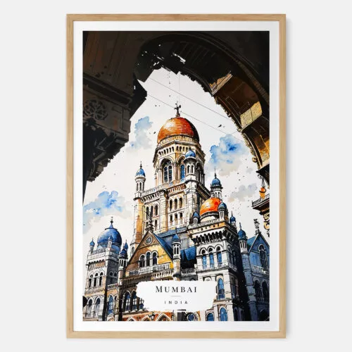 00 - Mumbai BMC Building Watercolor Art Print - Main - Wood Frame.jpg