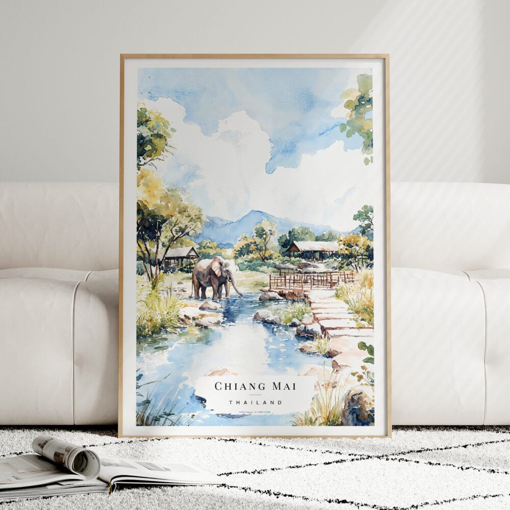 01 - Framed Chiang Mai Elephant Watercolor Wall Art leaning against couch - Portrait.jpg 01 - Framed Chiang Mai Elephant Watercolor Wall Art leaning against couch - Portrait.jpg