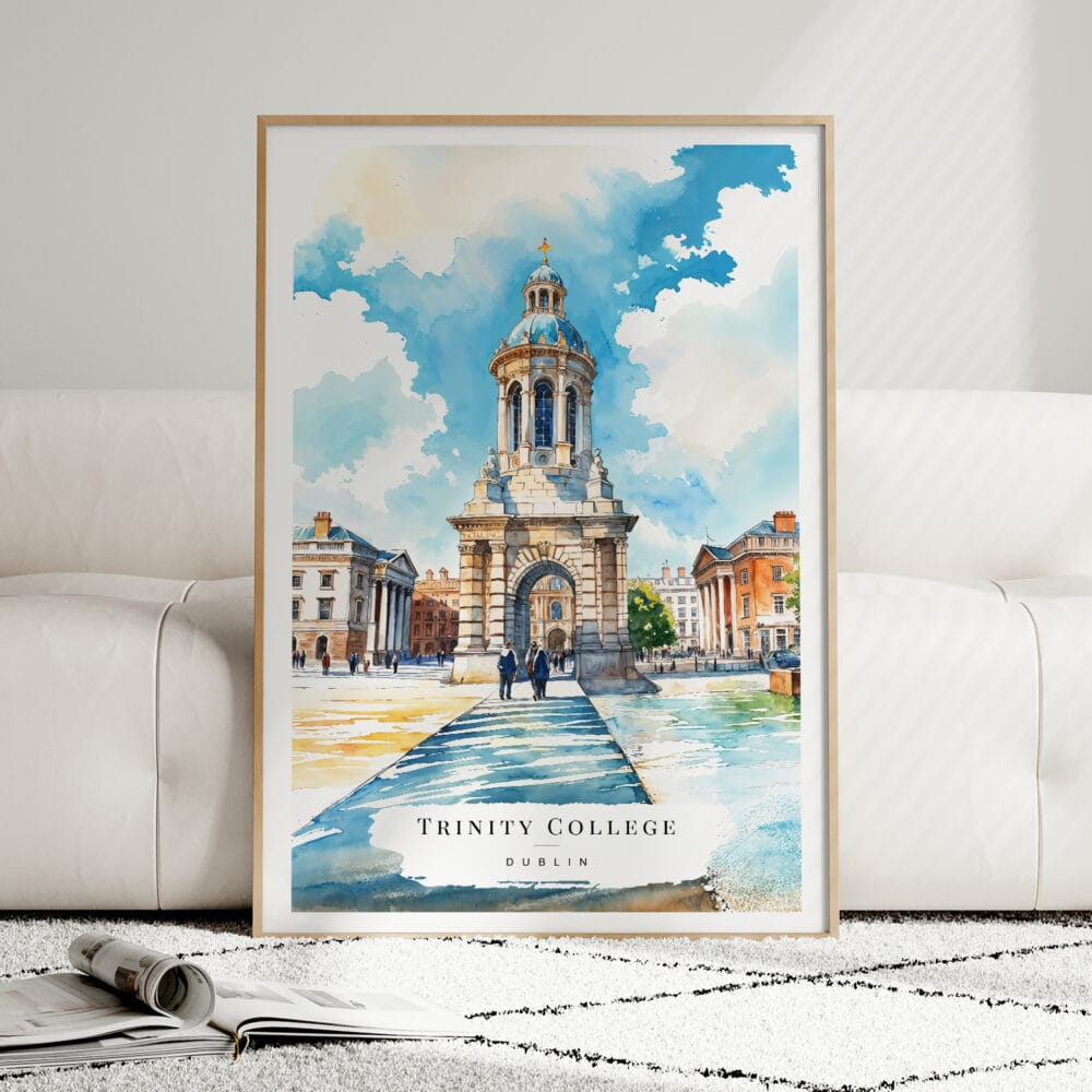 01 - Framed Dublin Trinity College Watercolor Wall Art leaning against couch - Portrait.jpg 01 - Framed Dublin Trinity College Watercolor Wall Art leaning against couch - Portrait.jpg