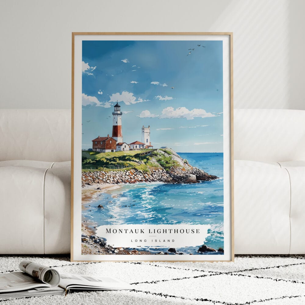 01 - Framed Montauk lighthouse Long Island Watercolor Wall Art leaning against couch - Portrait.jpg 01 - Framed Montauk lighthouse Long Island Watercolor Wall Art leaning against couch - Portrait.jpg