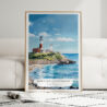 01 - Framed Montauk lighthouse Long Island Watercolor Wall Art leaning against couch - Portrait.jpg