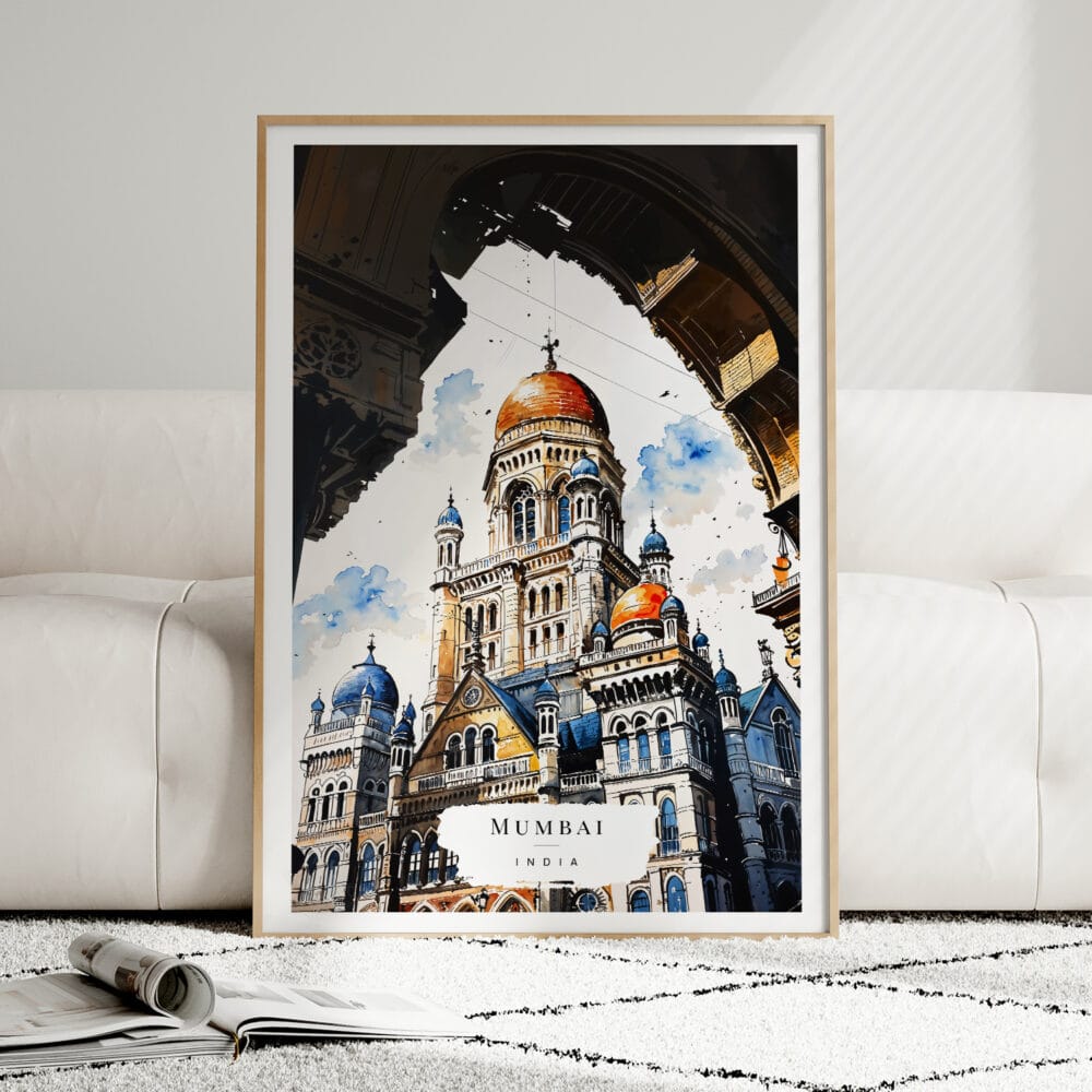 01 - Framed Mumbai BMC Building Watercolor Wall Art leaning against couch - Portrait.jpg 01 - Framed Mumbai BMC Building Watercolor Wall Art leaning against couch - Portrait.jpg