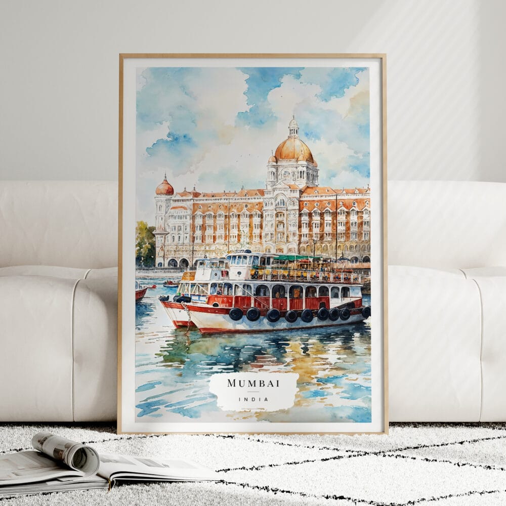 01 - Framed Mumbai Taj Mahal Palace Watercolor Wall Art leaning against couch - Portrait.jpg 01 - Framed Mumbai Taj Mahal Palace Watercolor Wall Art leaning against couch - Portrait.jpg