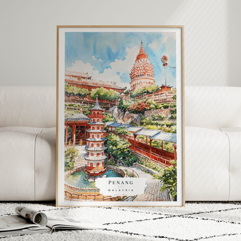 01 - Framed Penang Malaysia Watercolor Wall Art leaning against couch - Portrait.jpg 01 - Framed Penang Malaysia Watercolor Wall Art leaning against couch - Portrait.jpg