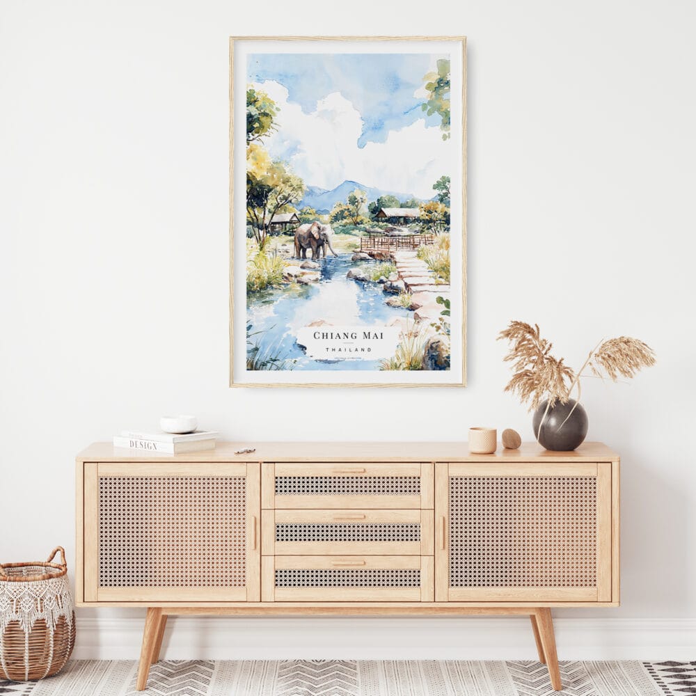 02 - Chiang Mai Elephant Watercolor Art Print Hanging above Shelf.jpg 02 - Chiang Mai Elephant Watercolor Art Print Hanging above Shelf.jpg