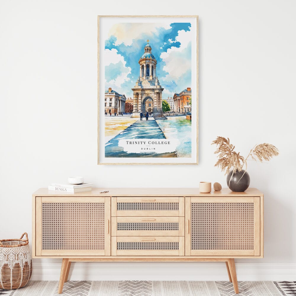 02 - Dublin Trinity College Watercolor Art Print Hanging above Shelf.jpg 02 - Dublin Trinity College Watercolor Art Print Hanging above Shelf.jpg
