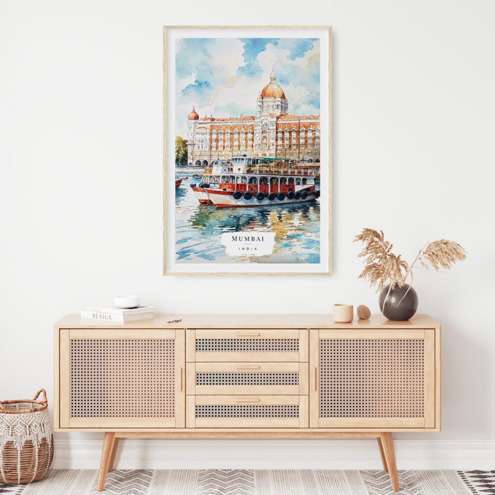 02 - Mumbai Taj Mahal Palace Watercolor Art Print Hanging above Shelf.jpg 02 - Mumbai Taj Mahal Palace Watercolor Art Print Hanging above Shelf.jpg