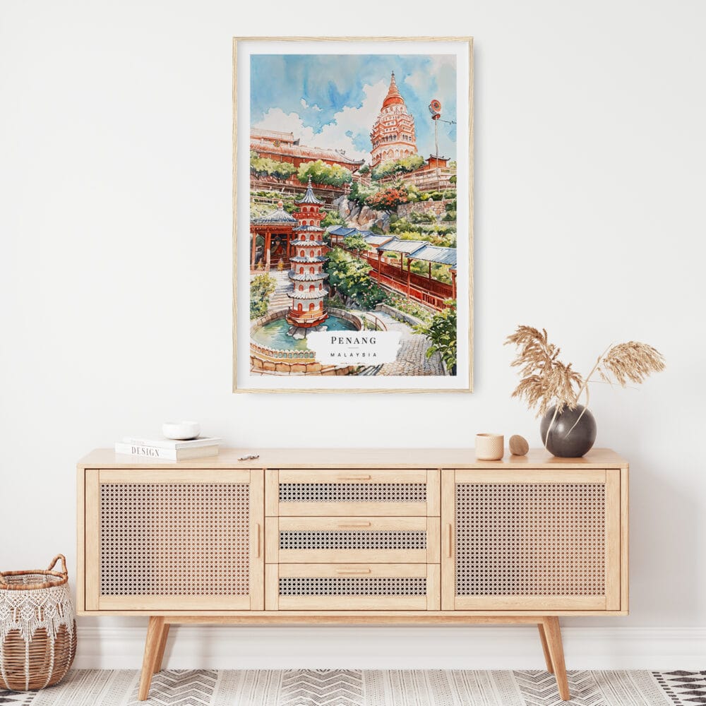 02 - Penang Malaysia Watercolor Art Print Hanging above Shelf.jpg 02 - Penang Malaysia Watercolor Art Print Hanging above Shelf.jpg