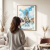 03 - Framed Dublin Trinity College Watercolor Wall Art - In Living Room with Woman Looking at it - Portrait.jpg