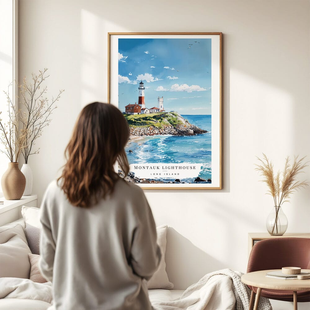 03 - Framed Montauk lighthouse Long Island Watercolor Wall Art - In Living Room with Woman Looking at it - Portrait.jpg 03 - Framed Montauk lighthouse Long Island Watercolor Wall Art - In Living Room with Woman Looking at it - Portrait.jpg