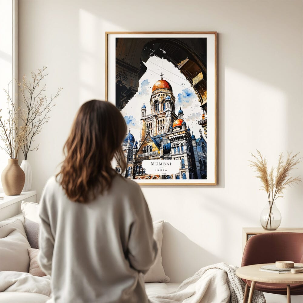 03 - Framed Mumbai BMC Building Watercolor Wall Art - In Living Room with Woman Looking at it - Portrait.jpg 03 - Framed Mumbai BMC Building Watercolor Wall Art - In Living Room with Woman Looking at it - Portrait.jpg