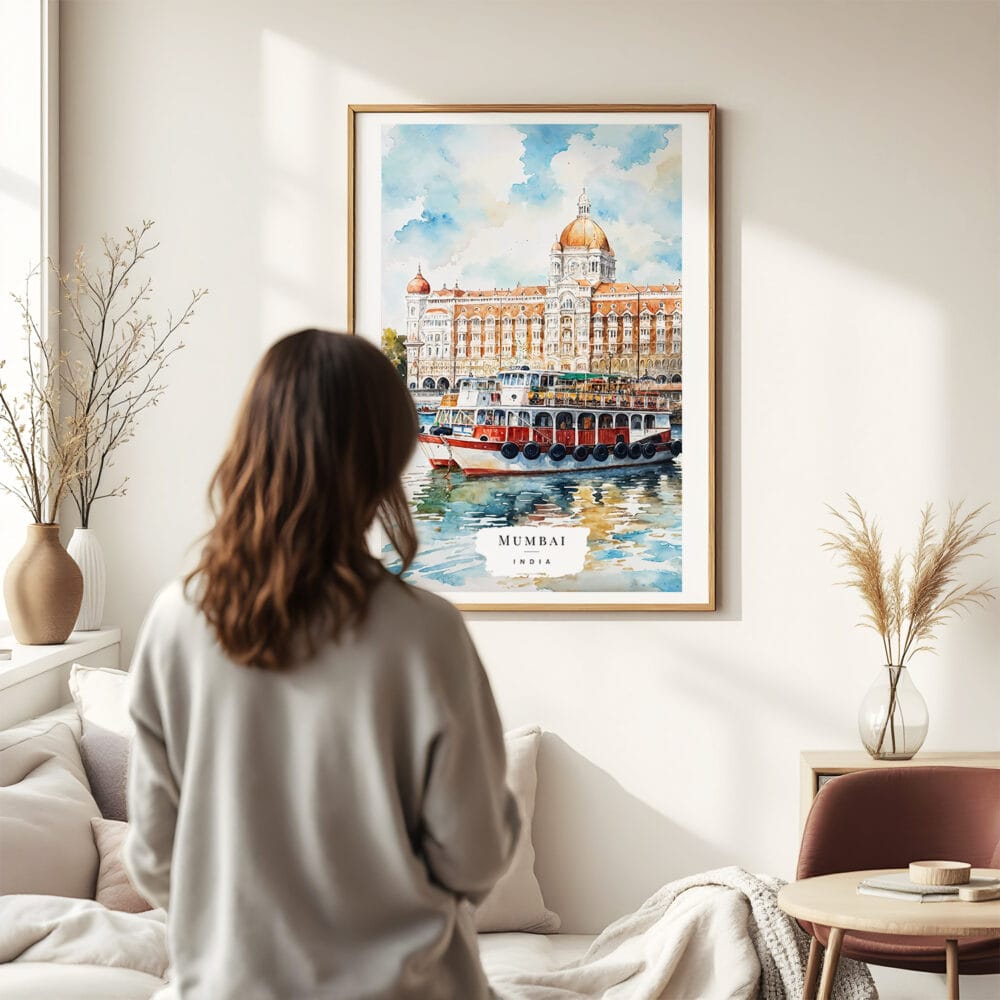 03 - Framed Mumbai Taj Mahal Palace Watercolor Wall Art - In Living Room with Woman Looking at it - Portrait.jpg 03 - Framed Mumbai Taj Mahal Palace Watercolor Wall Art - In Living Room with Woman Looking at it - Portrait.jpg