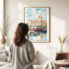 03 - Framed Mumbai Taj Mahal Palace Watercolor Wall Art - In Living Room with Woman Looking at it - Portrait.jpg