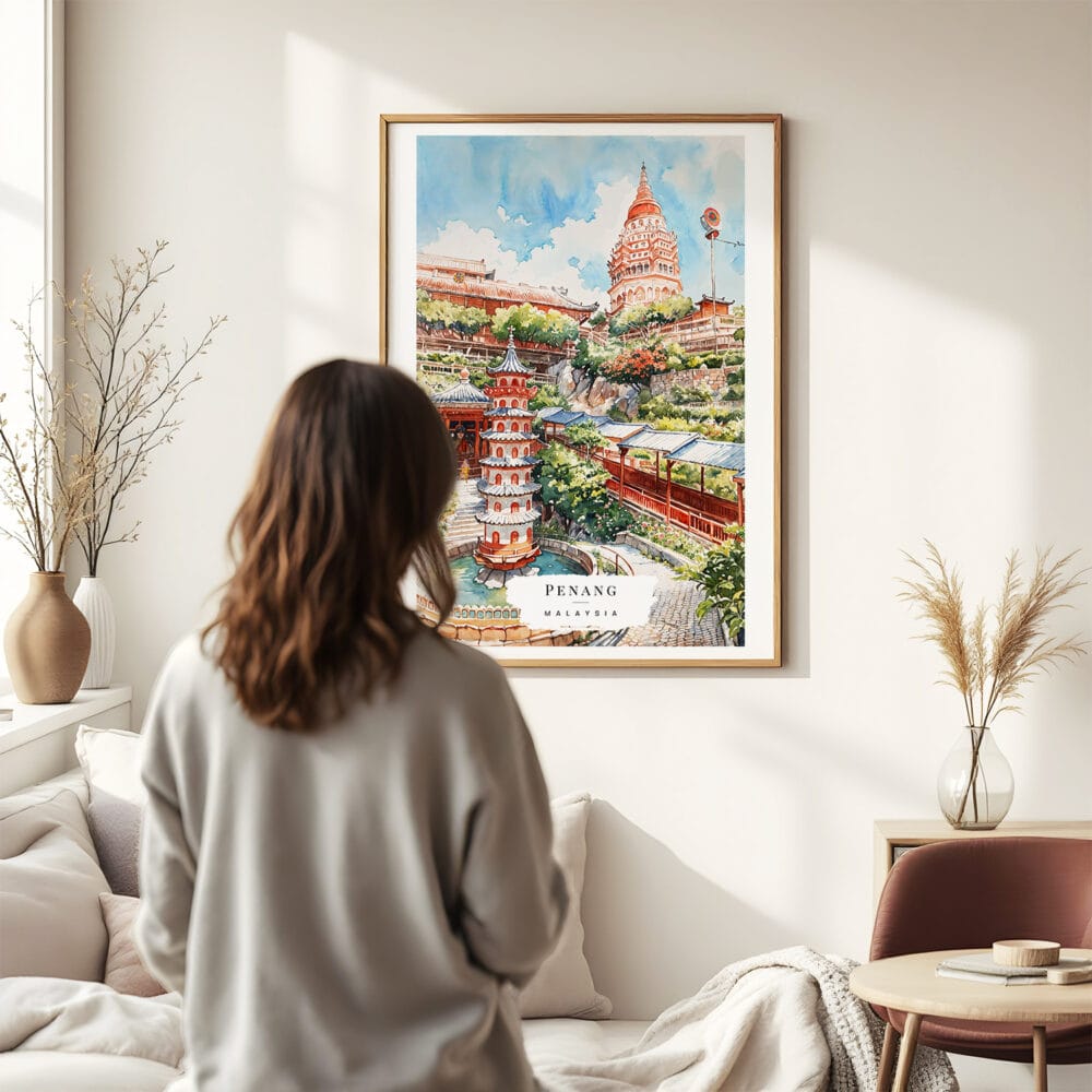 03 - Framed Penang Malaysia Watercolor Wall Art - In Living Room with Woman Looking at it - Portrait.jpg 03 - Framed Penang Malaysia Watercolor Wall Art - In Living Room with Woman Looking at it - Portrait.jpg