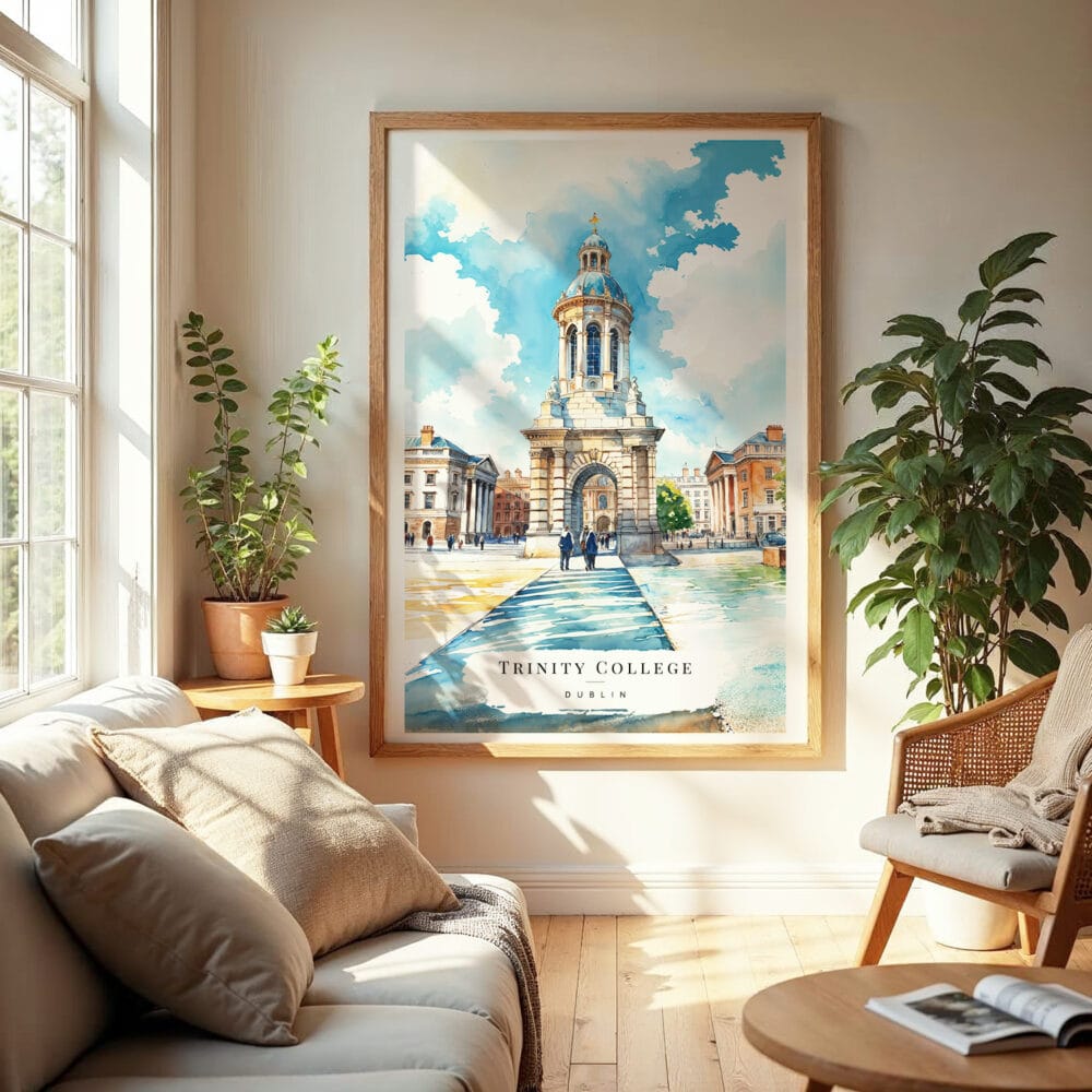 04 - Dublin Trinity College Watercolor Wall Art in Boho Living Room.jpg 04 - Dublin Trinity College Watercolor Wall Art in Boho Living Room.jpg