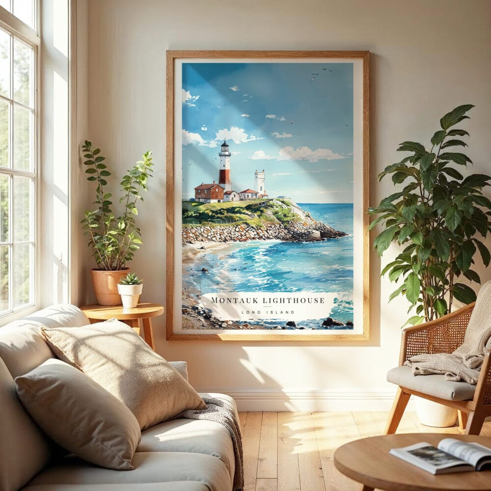 04 - Montauk lighthouse Long Island Watercolor Wall Art in Boho Living Room.jpg 04 - Montauk lighthouse Long Island Watercolor Wall Art in Boho Living Room.jpg