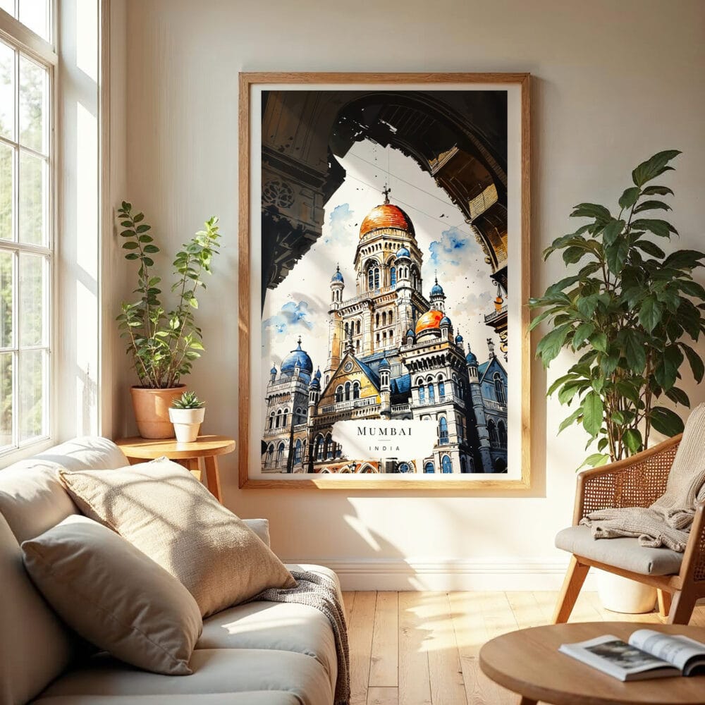 04 - Mumbai BMC Building Watercolor Wall Art in Boho Living Room.jpg 04 - Mumbai BMC Building Watercolor Wall Art in Boho Living Room.jpg