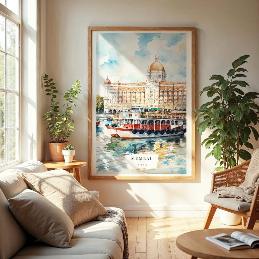 04 - Mumbai Taj Mahal Palace Watercolor Wall Art in Boho Living Room.jpg 04 - Mumbai Taj Mahal Palace Watercolor Wall Art in Boho Living Room.jpg