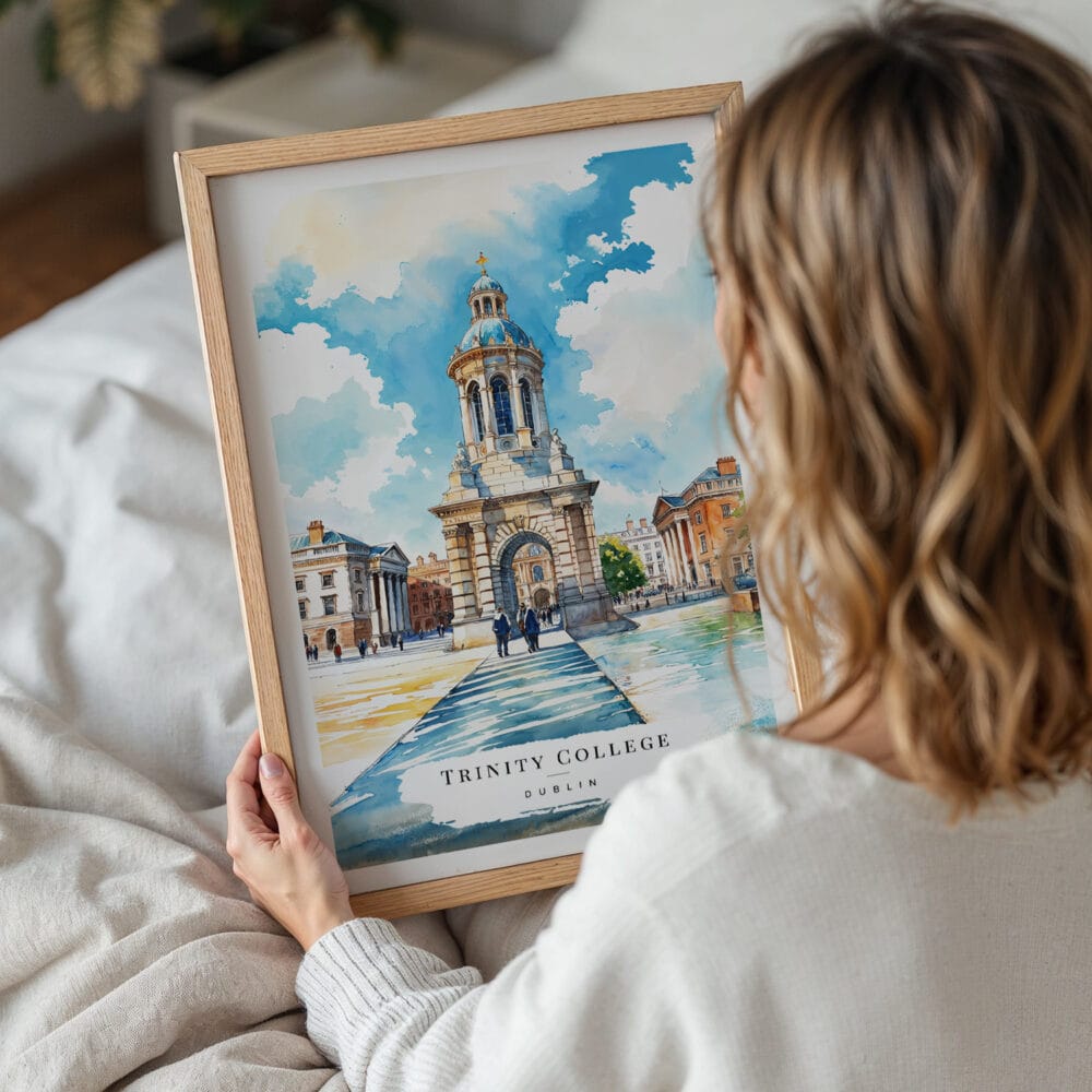 05 - Woman Holding Framed Dublin Trinity College Watercolor Wall Art - Portrait.jpg 05 - Woman Holding Framed Dublin Trinity College Watercolor Wall Art - Portrait.jpg