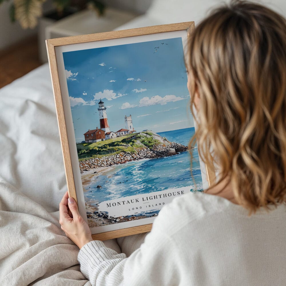 05 - Woman Holding Framed Montauk lighthouse Long Island Watercolor Wall Art - Portrait.jpg 05 - Woman Holding Framed Montauk lighthouse Long Island Watercolor Wall Art - Portrait.jpg