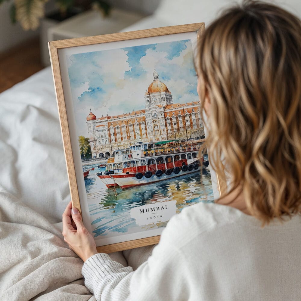 05 - Woman Holding Framed Mumbai Taj Mahal Palace Watercolor Wall Art - Portrait.jpg 05 - Woman Holding Framed Mumbai Taj Mahal Palace Watercolor Wall Art - Portrait.jpg