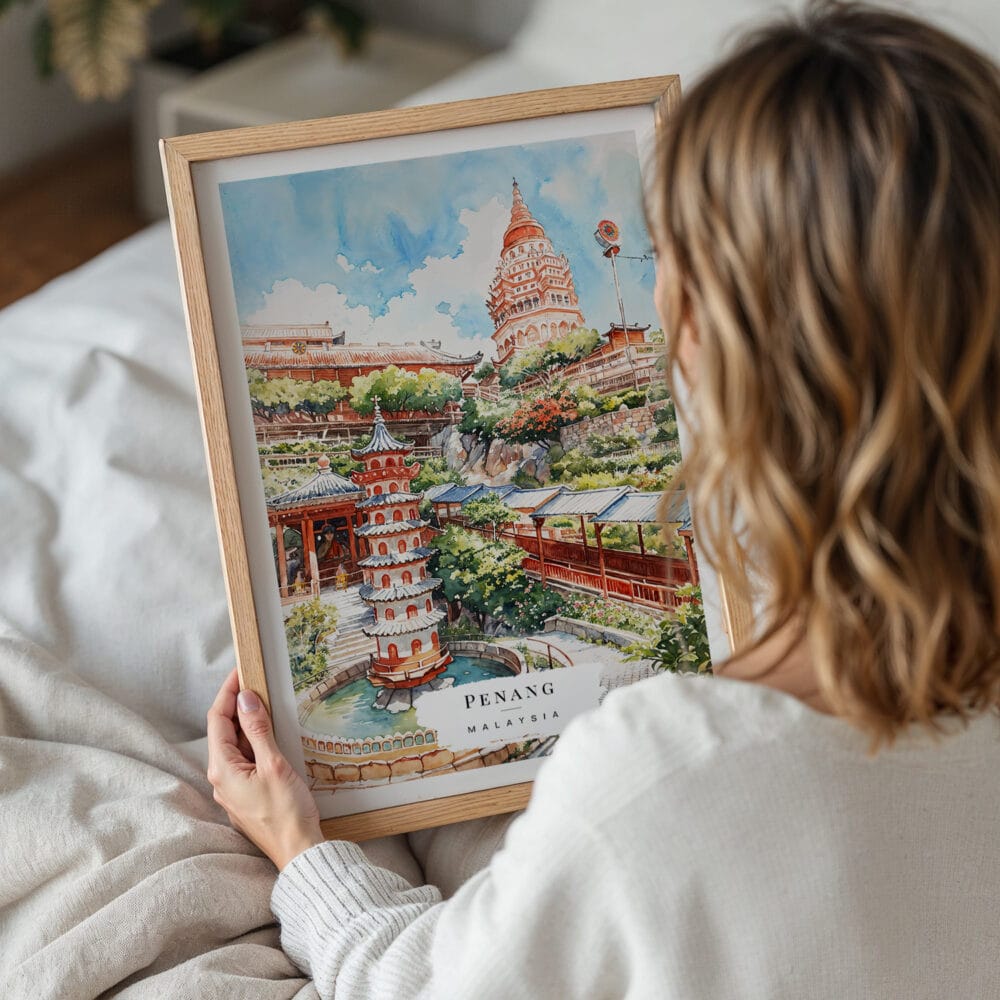05 - Woman Holding Framed Penang Malaysia Watercolor Wall Art - Portrait.jpg 05 - Woman Holding Framed Penang Malaysia Watercolor Wall Art - Portrait.jpg