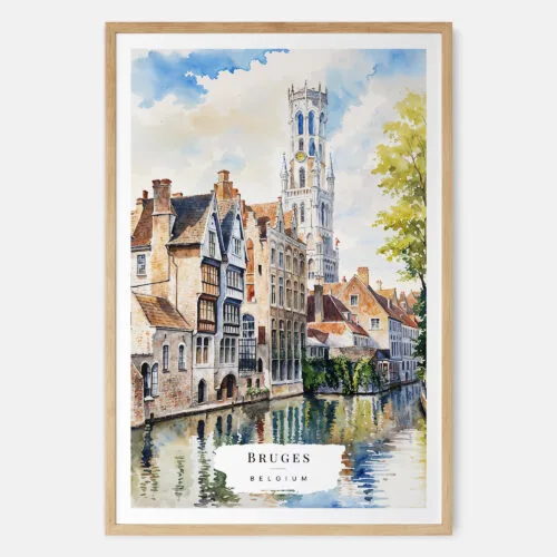 00 - Bruges Belgium Watercolor Art Print - Main - Wood Frame.jpg