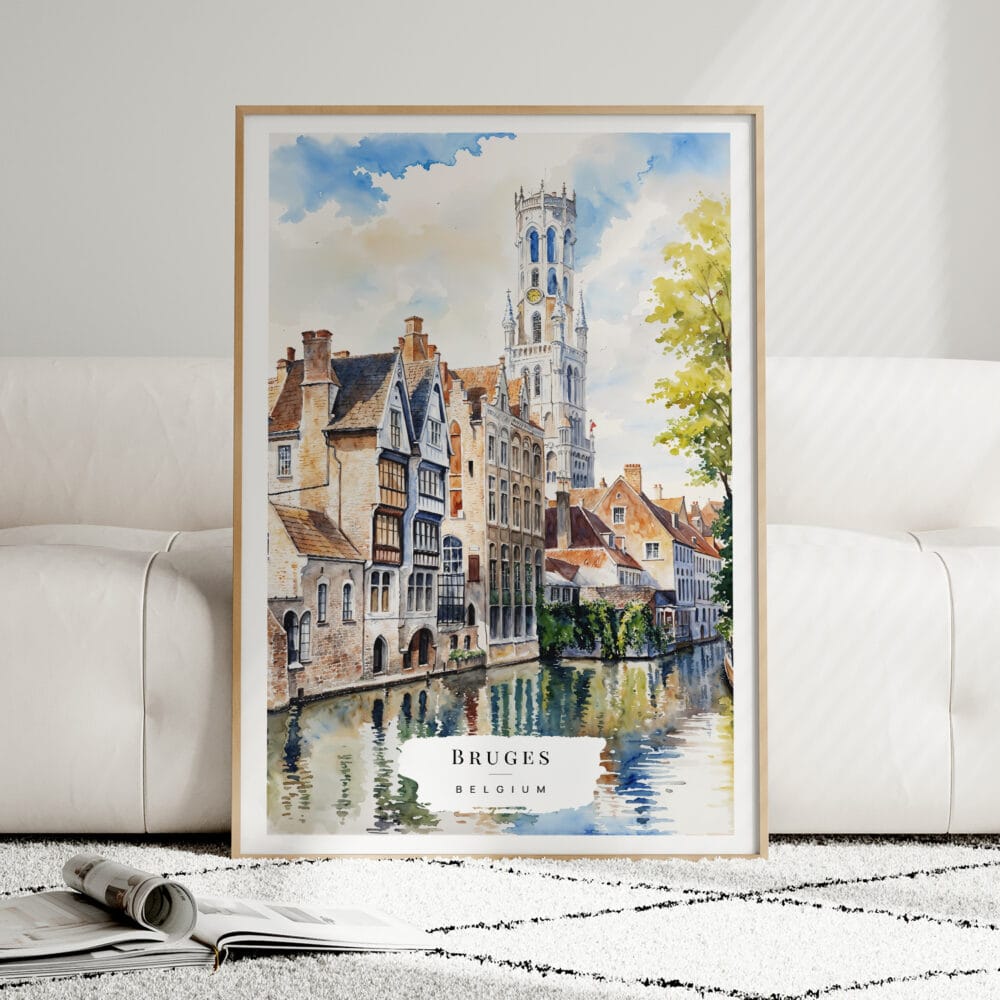 01 - Framed Bruges Belgium Watercolor Wall Art leaning against couch - Portrait.jpg 01 - Framed Bruges Belgium Watercolor Wall Art leaning against couch - Portrait.jpg