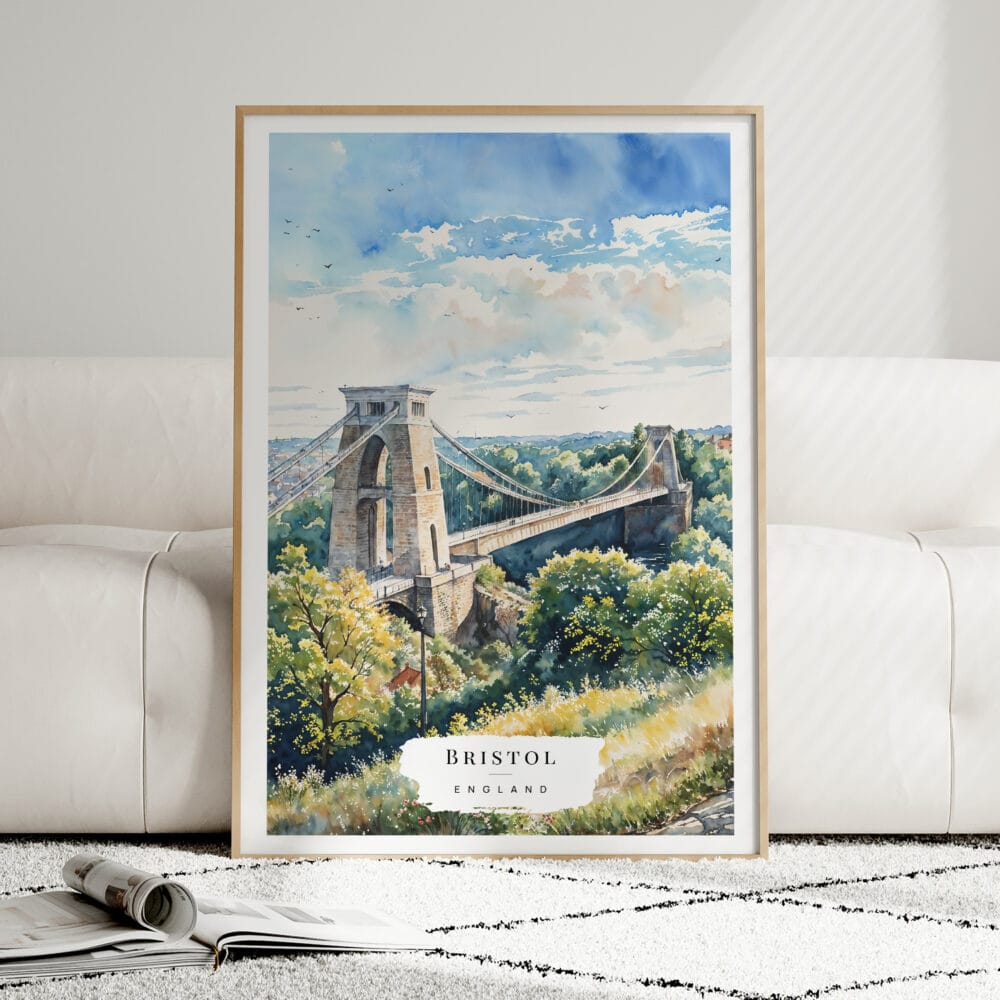01 - Framed Clifton Bridge Bristol Watercolor Wall Art leaning against couch - Portrait.jpg 01 - Framed Clifton Bridge Bristol Watercolor Wall Art leaning against couch - Portrait.jpg