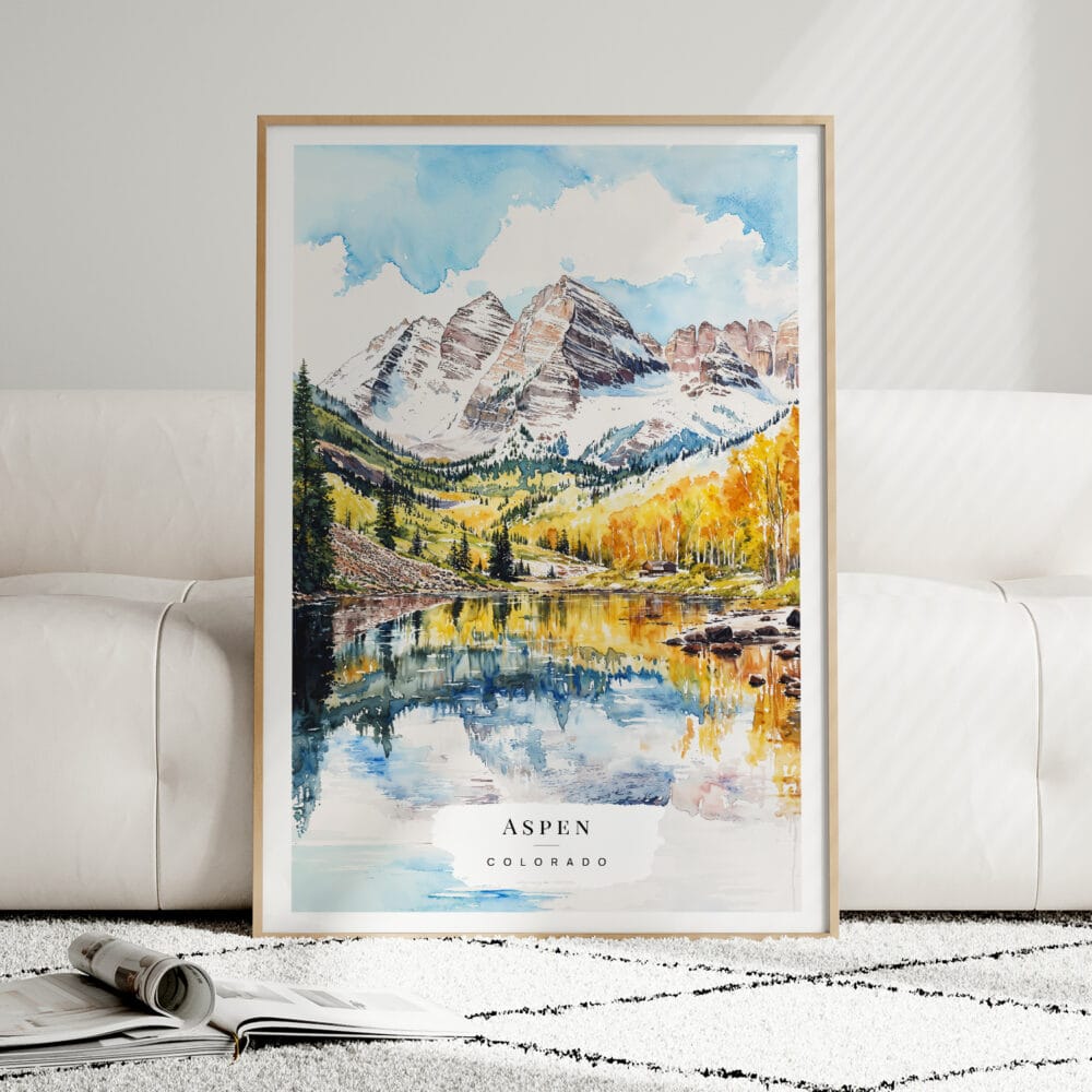 01 - Framed Maroon Bells Aspen Colorado Watercolor Wall Art leaning against couch - Portrait.jpg 01 - Framed Maroon Bells Aspen Colorado Watercolor Wall Art leaning against couch - Portrait.jpg