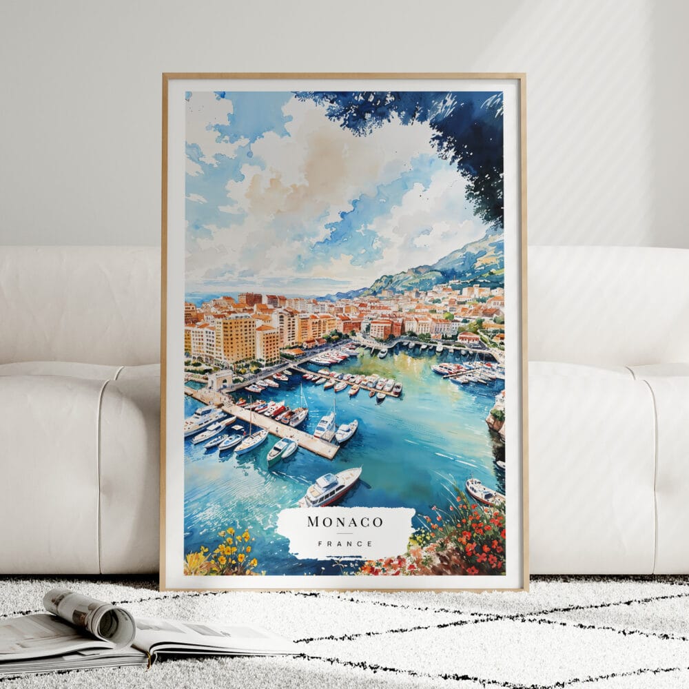 01 - Framed Monaco France Watercolor Wall Art leaning against couch - Portrait.jpg 01 - Framed Monaco France Watercolor Wall Art leaning against couch - Portrait.jpg