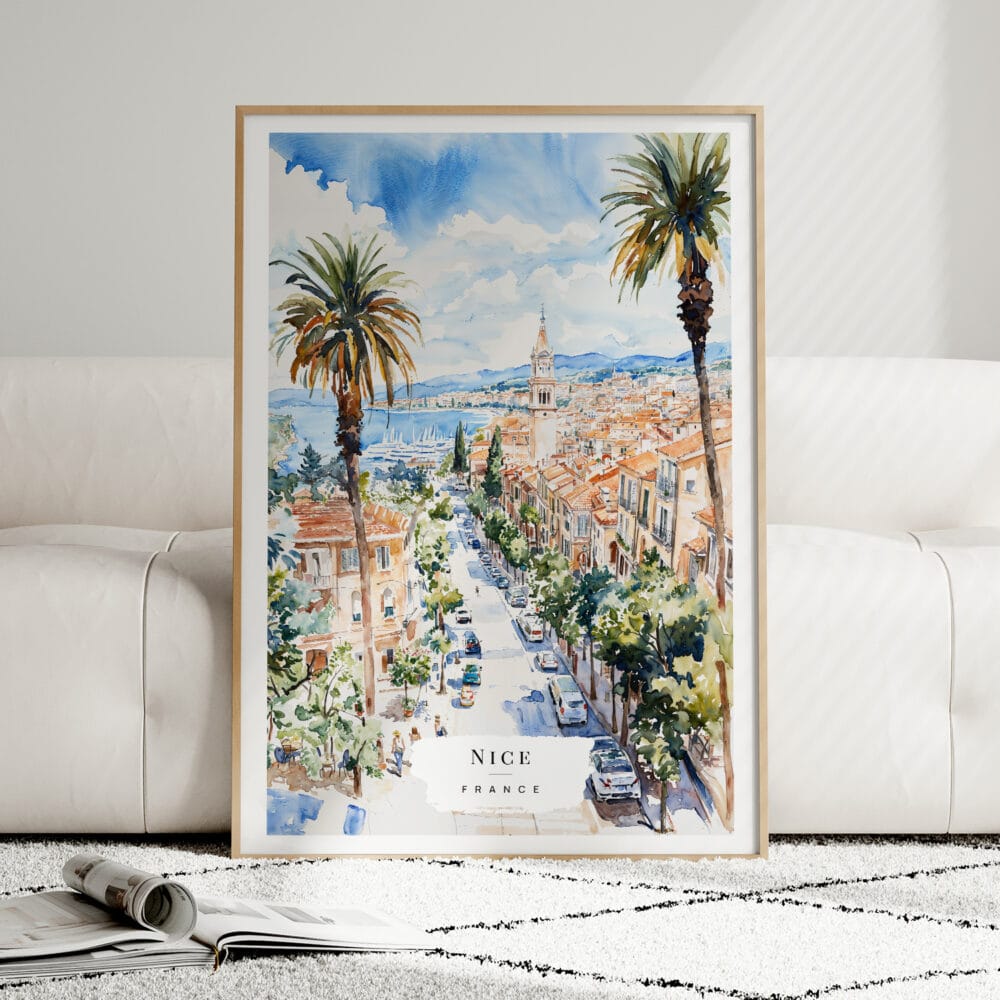 01 - Framed Nice France Watercolor Wall Art leaning against couch - Portrait.jpg 01 - Framed Nice France Watercolor Wall Art leaning against couch - Portrait.jpg