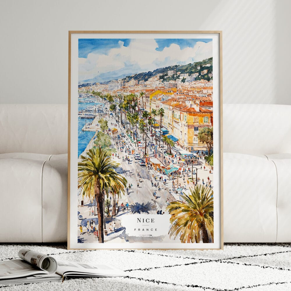 01 - Framed Nice French Riviera Watercolor Wall Art leaning against couch - Portrait.jpg 01 - Framed Nice French Riviera Watercolor Wall Art leaning against couch - Portrait.jpg