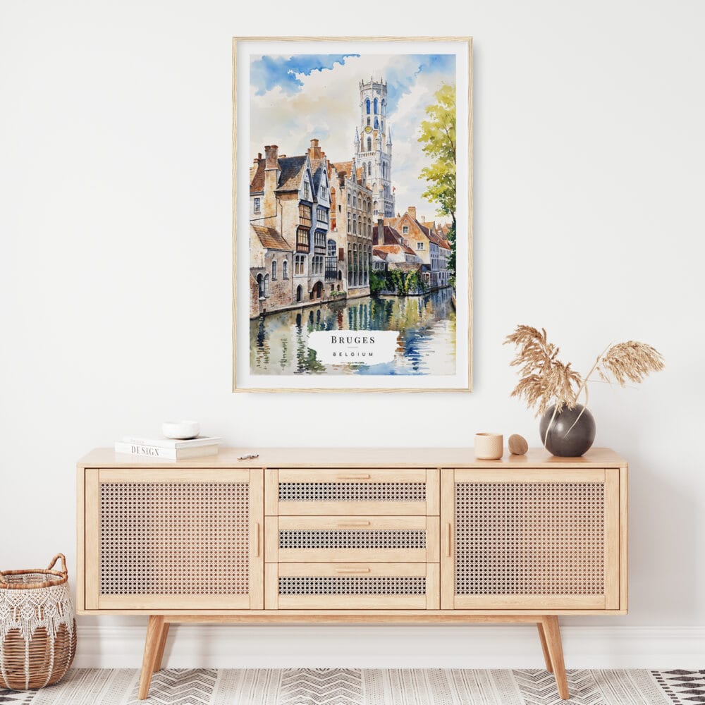 02 - Bruges Belgium Watercolor Art Print Hanging above Shelf.jpg 02 - Bruges Belgium Watercolor Art Print Hanging above Shelf.jpg